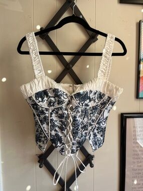 White & Navy Floral Corset Top